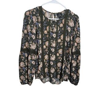 Oak & Trellis Blouse Women's Medium Green Floral Long Sleeve Cottage Boho